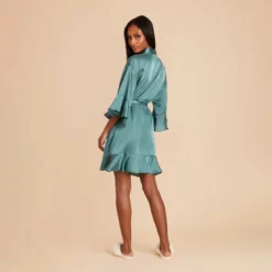 Kenny Ruffle Satin Robe - Sea Glass -US Skirt Sales 2024 sea glass kenny satin ruffle bridesmaid robe 05