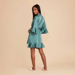 Kenny Ruffle Satin Robe - Sea Glass -US Skirt Sales 2024 sea glass kenny satin ruffle bridesmaid robe 06