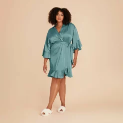 Kenny Ruffle Satin Robe - Sea Glass -US Skirt Sales 2024 sea glass kenny satin ruffle plus size bridesmaid robe 02