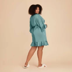 Kenny Ruffle Satin Robe - Sea Glass -US Skirt Sales 2024 sea glass kenny satin ruffle plus size bridesmaid robe 04