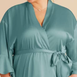 Kenny Ruffle Satin Robe - Sea Glass -US Skirt Sales 2024 sea glass kenny satin ruffle plus size bridesmaid robe TMS LIVE PREVIEW