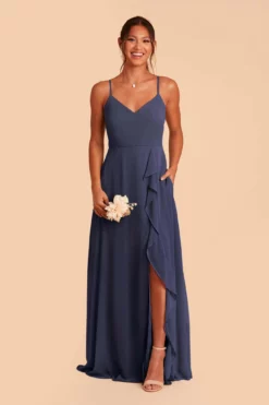 Theresa Chiffon Dress - Slate Blue -US Skirt Sales 2024 slate blue theresa convertible slit bridesmaid dress 03