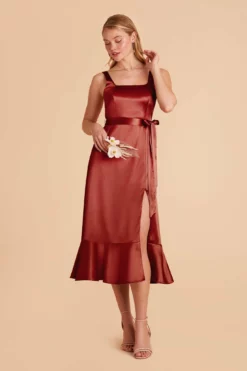Eugenia Shiny Satin Convertible Midi Dress - Spice -US Skirt Sales 2024 spice eugenia convertible satin bridesmaid dress 04