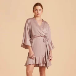 Kenny Ruffle Satin Robe - Mauve Taupe -US Skirt Sales 2024 taupe kenny satin ruffle bridesmaid robes 01