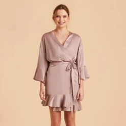 Kenny Ruffle Satin Robe - Mauve Taupe -US Skirt Sales 2024 taupe kenny satin ruffle bridesmaid robes 02