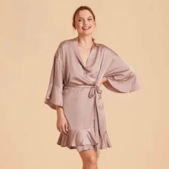 Kenny Ruffle Satin Robe - Mauve Taupe