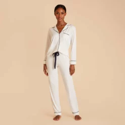 Jonny Long Sleeve Pajama And Pants Set - Ivory 11 Jonny Long Sleeve Pajama And Pants Set - Ivory -US Skirt Sales 2024 white jonny long sleeve pants set bridesmaid pajamas 04